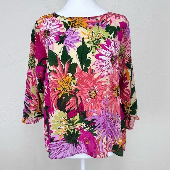 Weekend Max Mara Vorra Silk Top in Fuxia Pink Floral Print w/ Tie Sleeves Size 6 - Picture 2 of 12